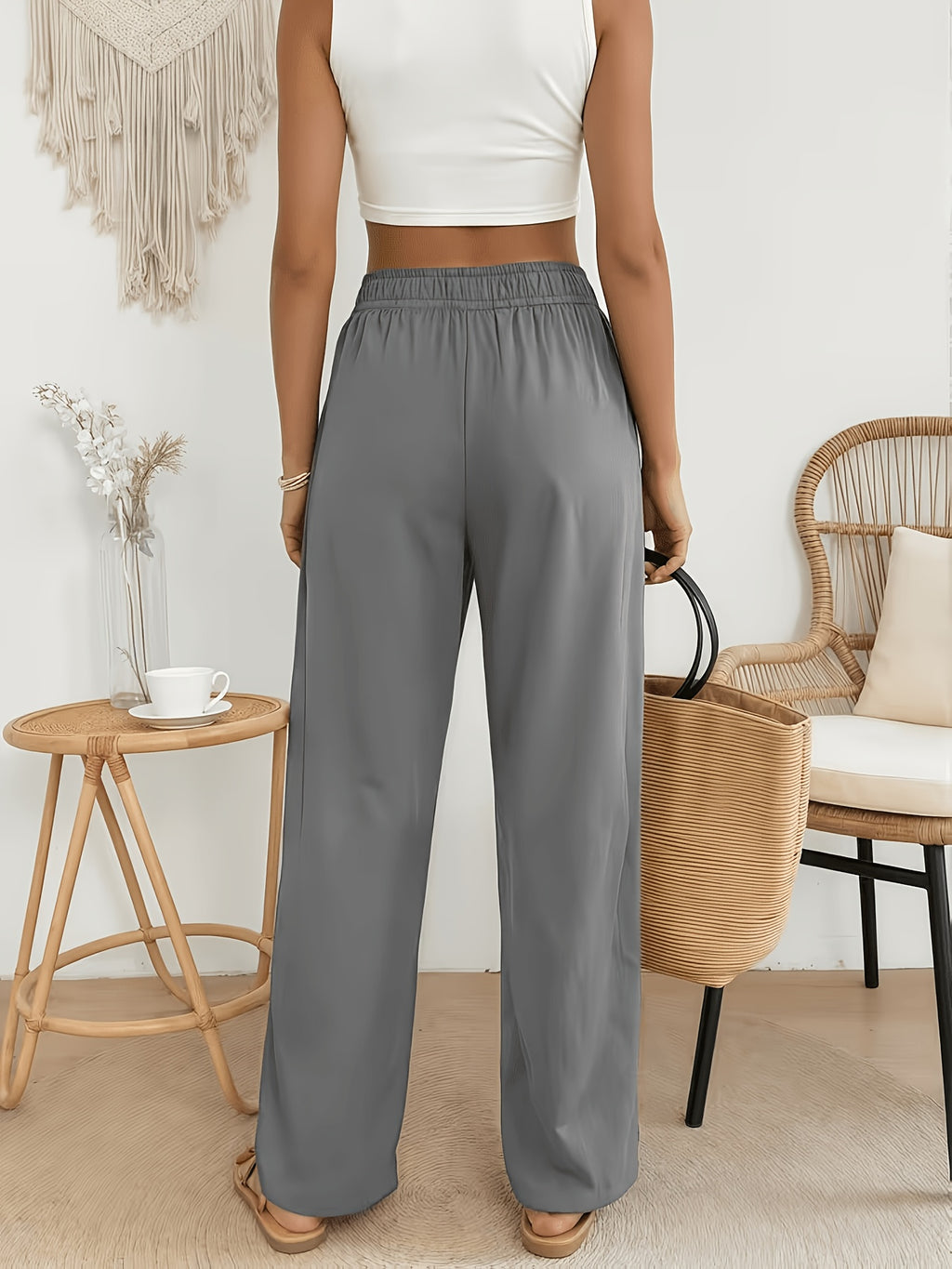 Pantalon en coton grande taille — Noir crêpé, jambe droite