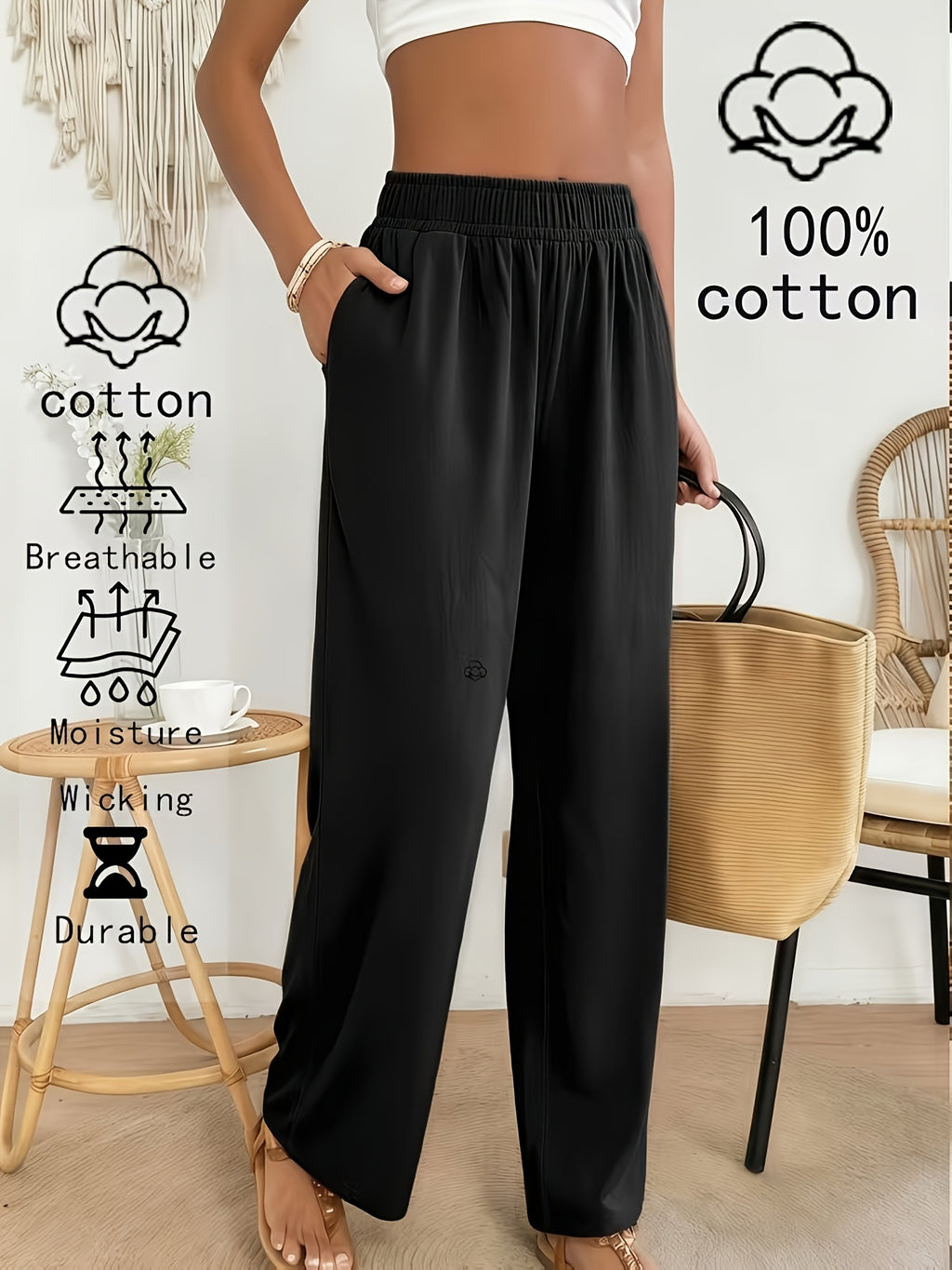 Pantalon en coton grande taille — Noir crêpé, jambe droite