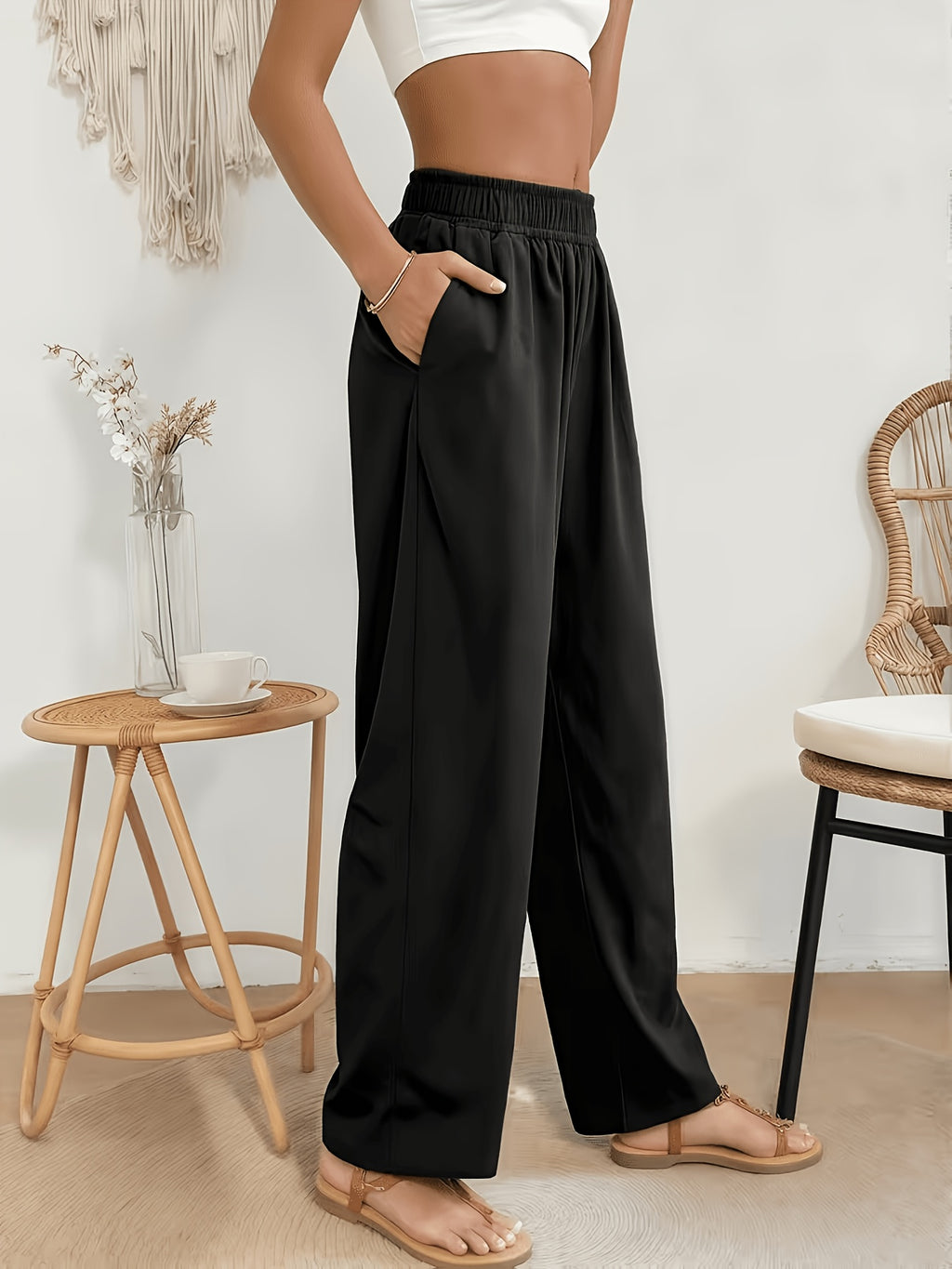Pantalon en coton grande taille — Noir crêpé, jambe droite