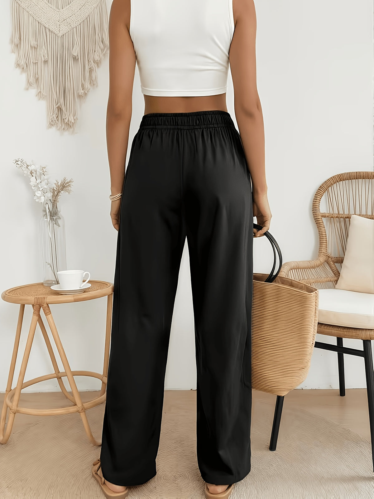 Pantalon en coton grande taille — Noir crêpé, jambe droite
