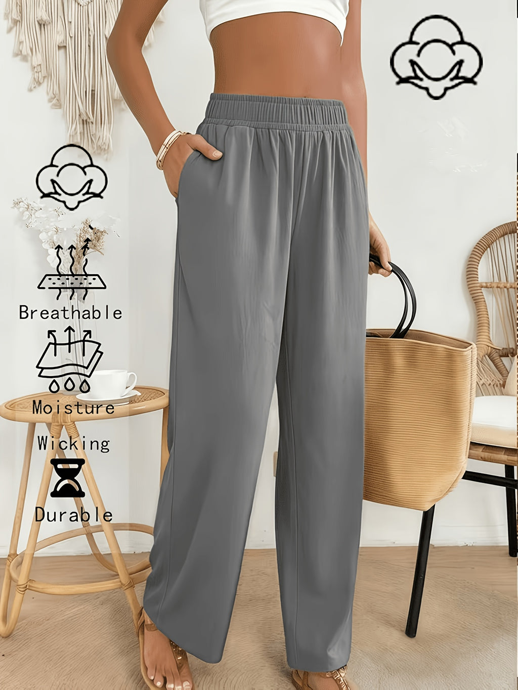 Pantalon en coton grande taille — Noir crêpé, jambe droite
