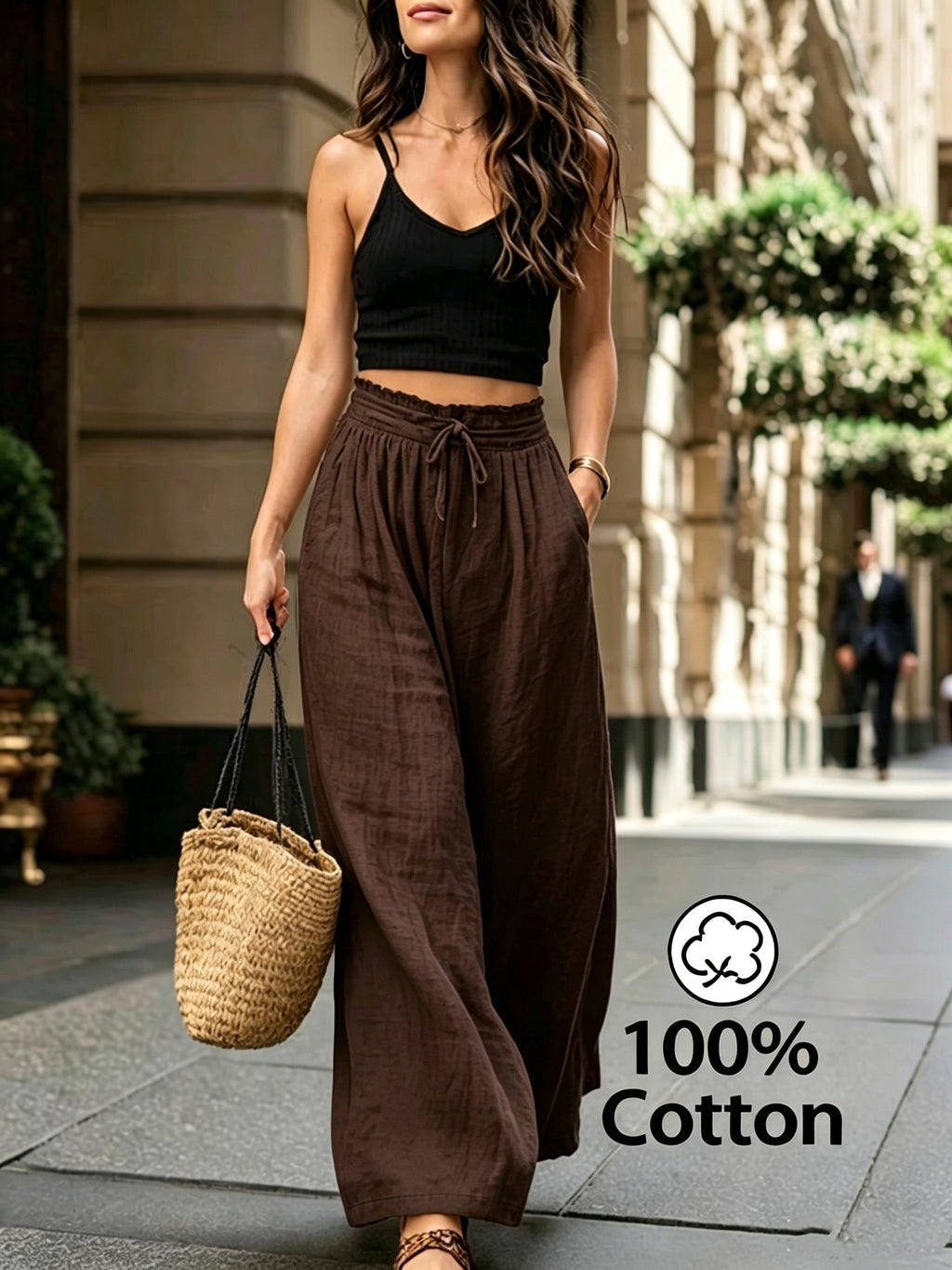 Pantalon en coton grande taille — Taille froncée et cordon