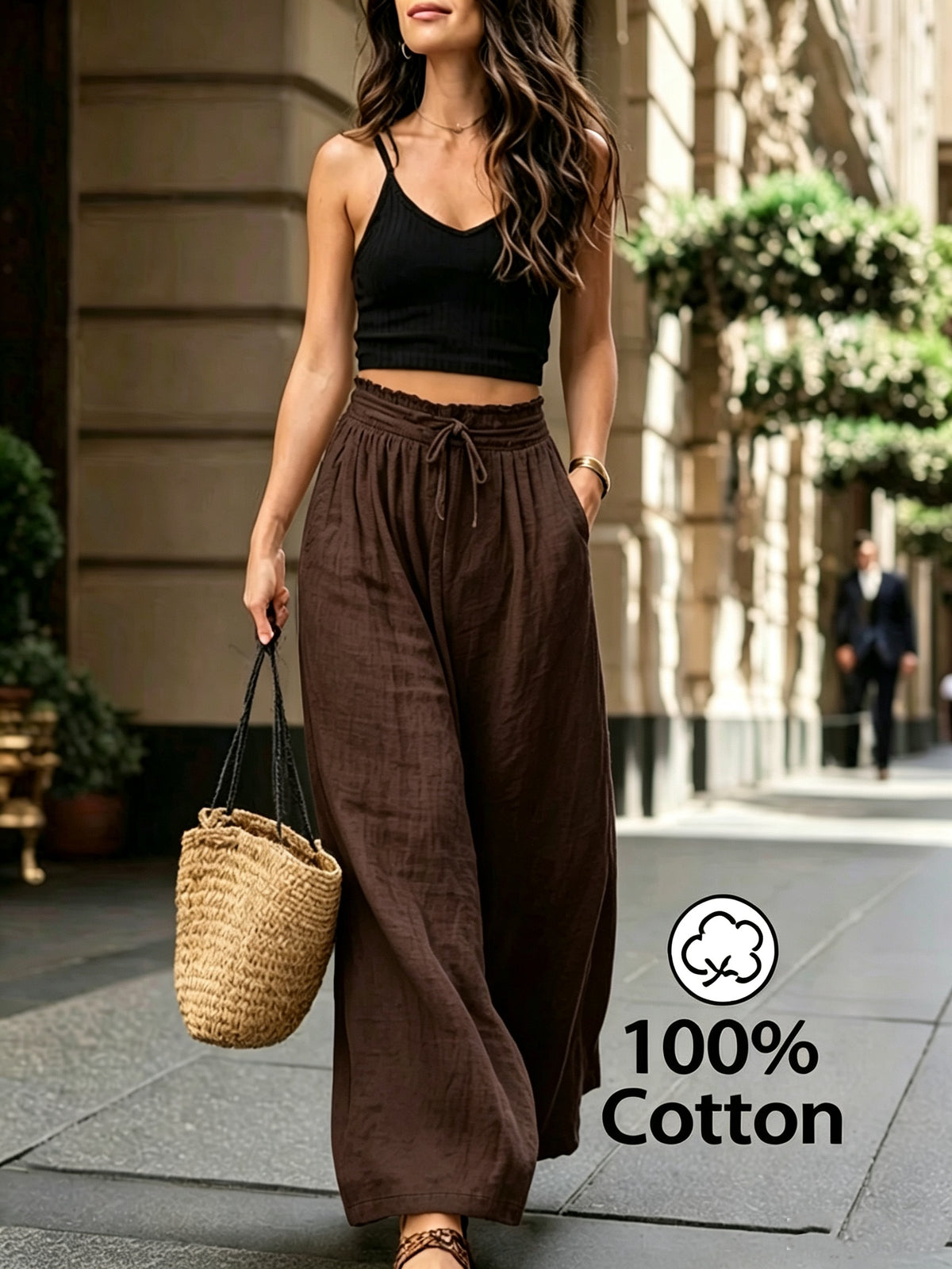 Pantalon en coton grande taille — Taille froncée et cordon