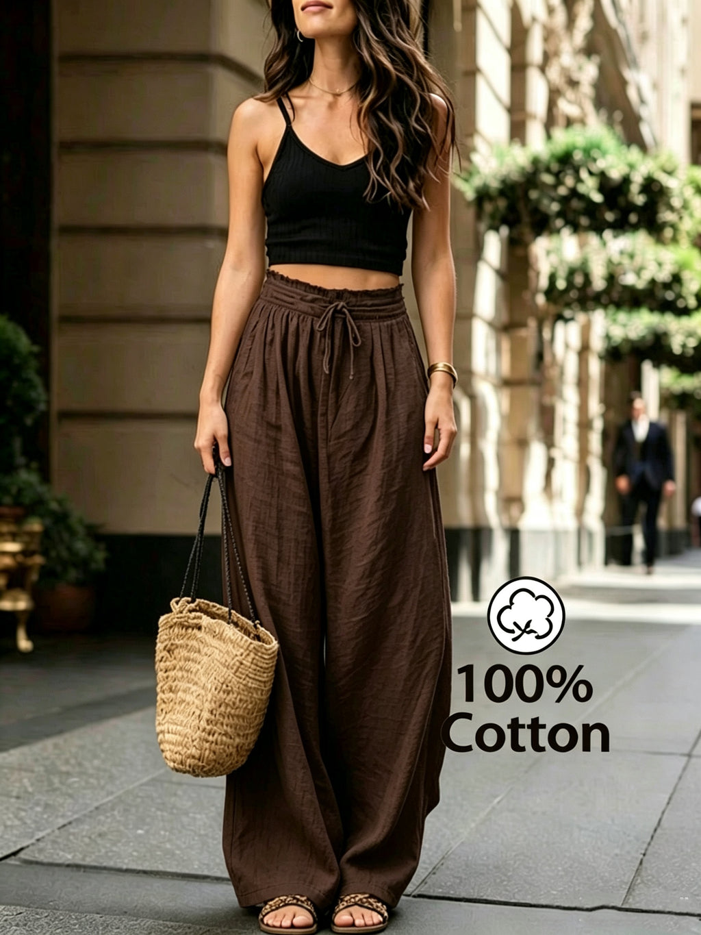 Pantalon en coton grande taille — Taille froncée et cordon