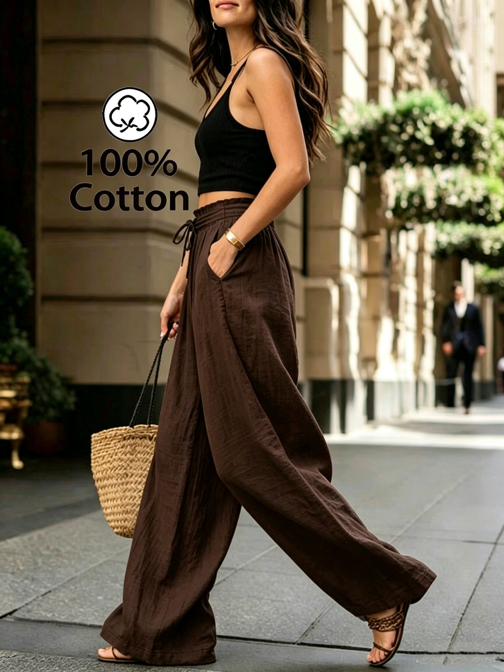 Pantalon en coton grande taille — Taille froncée et cordon
