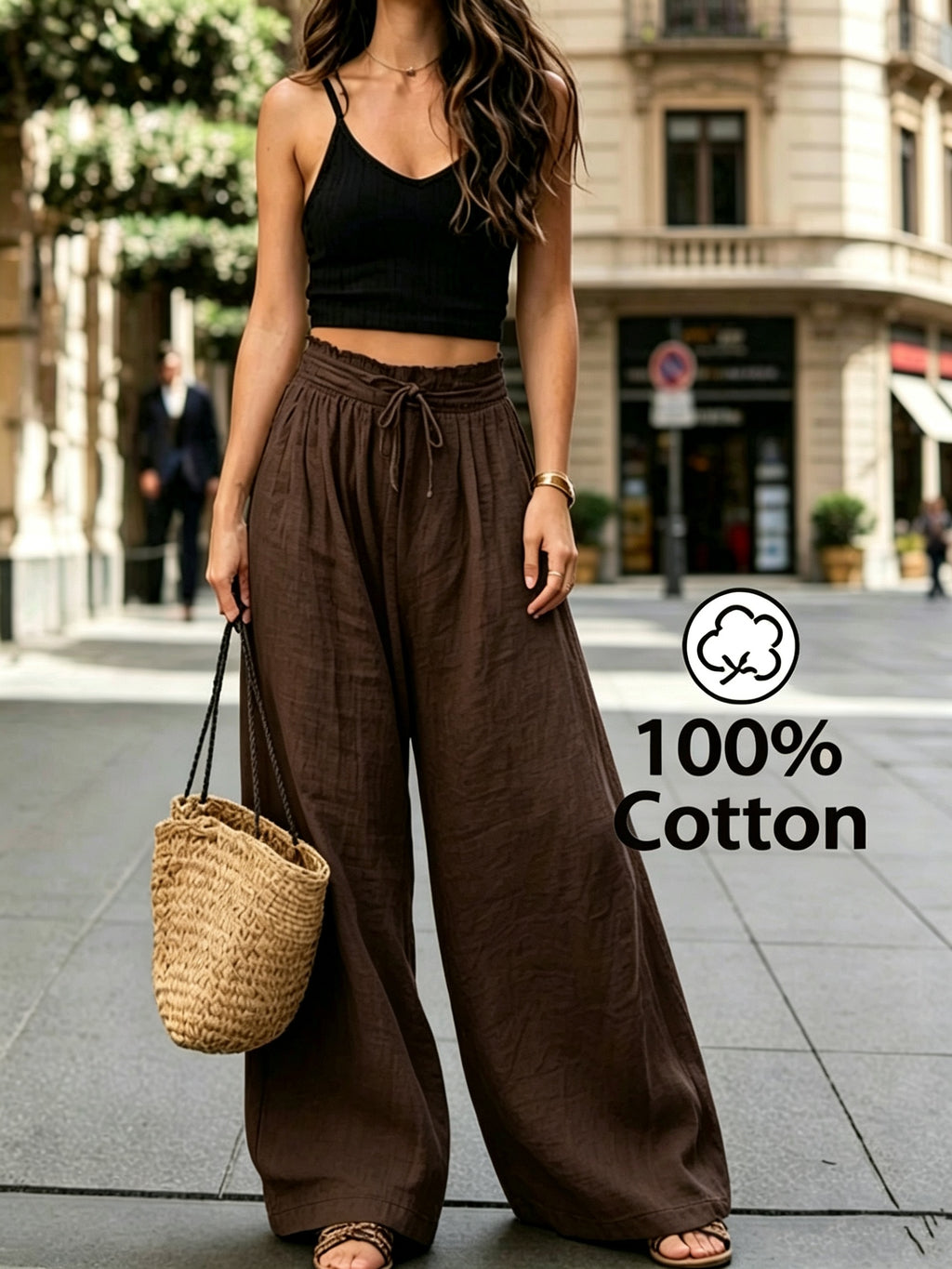 Pantalon en coton grande taille — Taille froncée et cordon