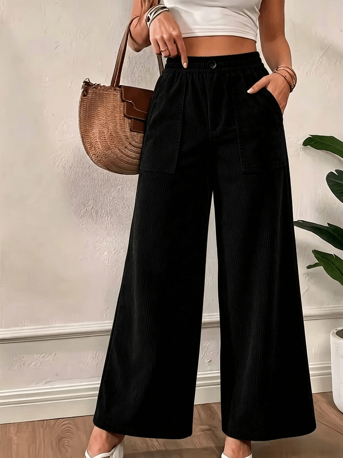 Pantalon en velours grande taille — Jambe large et poches plaquées