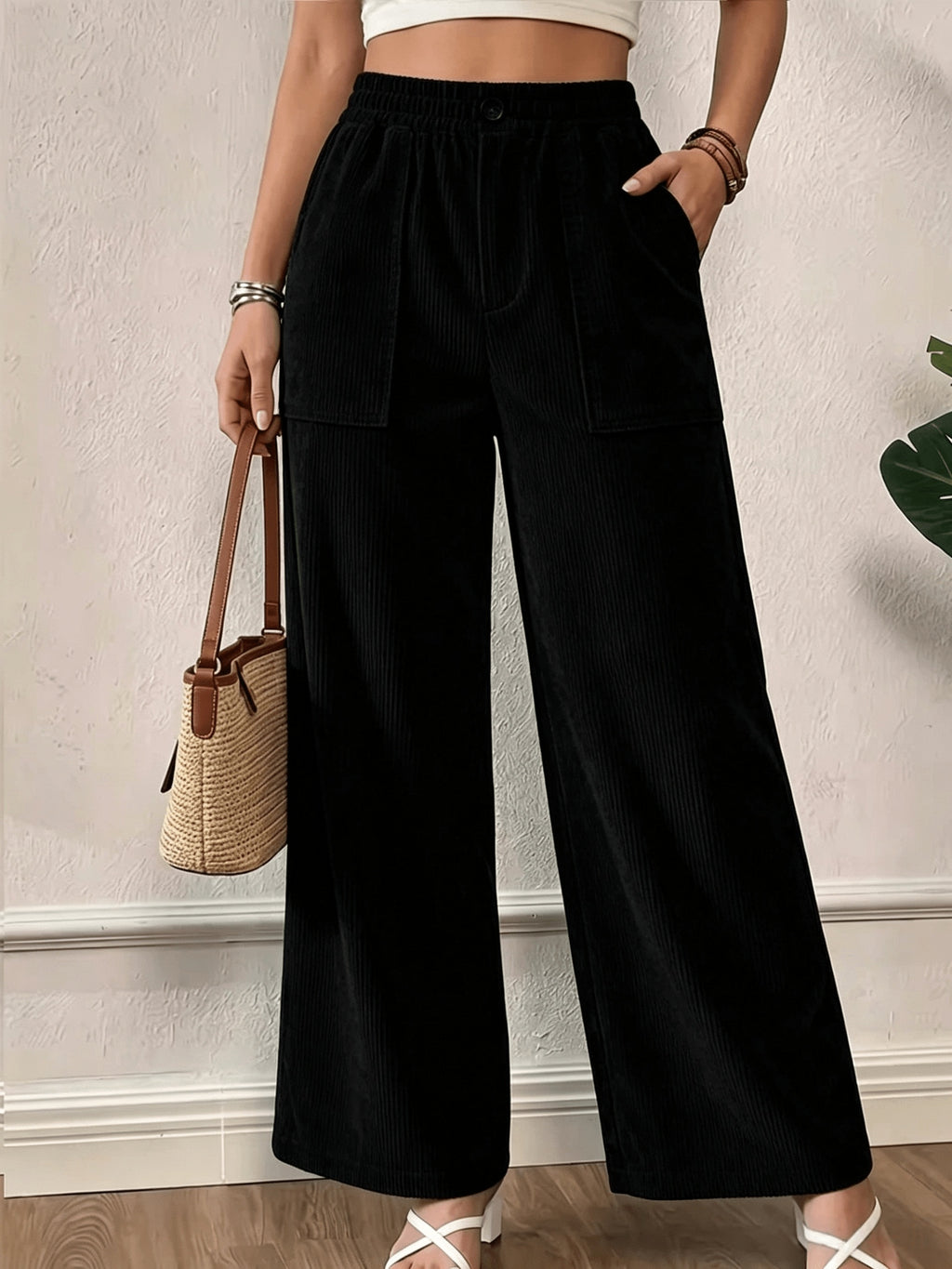 Pantalon en velours grande taille — Jambe large et poches plaquées
