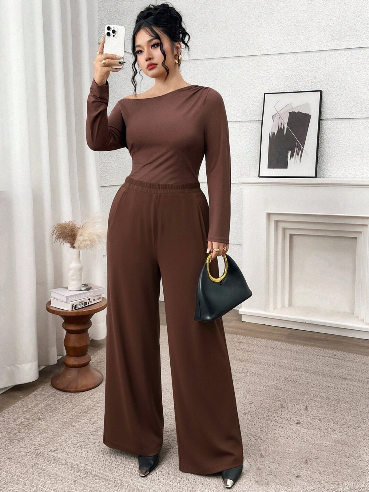 Pantalon grande taille — Jersey brun à poches profondes