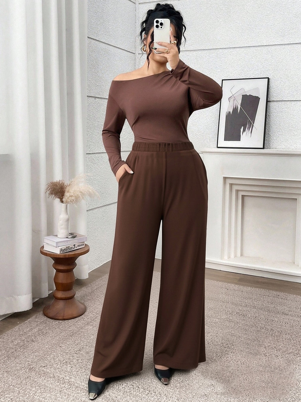 Pantalon grande taille — Jersey brun à poches profondes