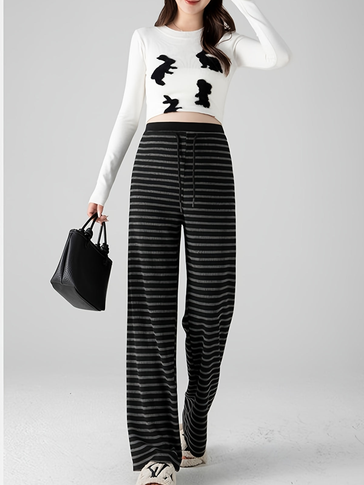 Pantalon grande taille à rayures, coupe ample, jambe large