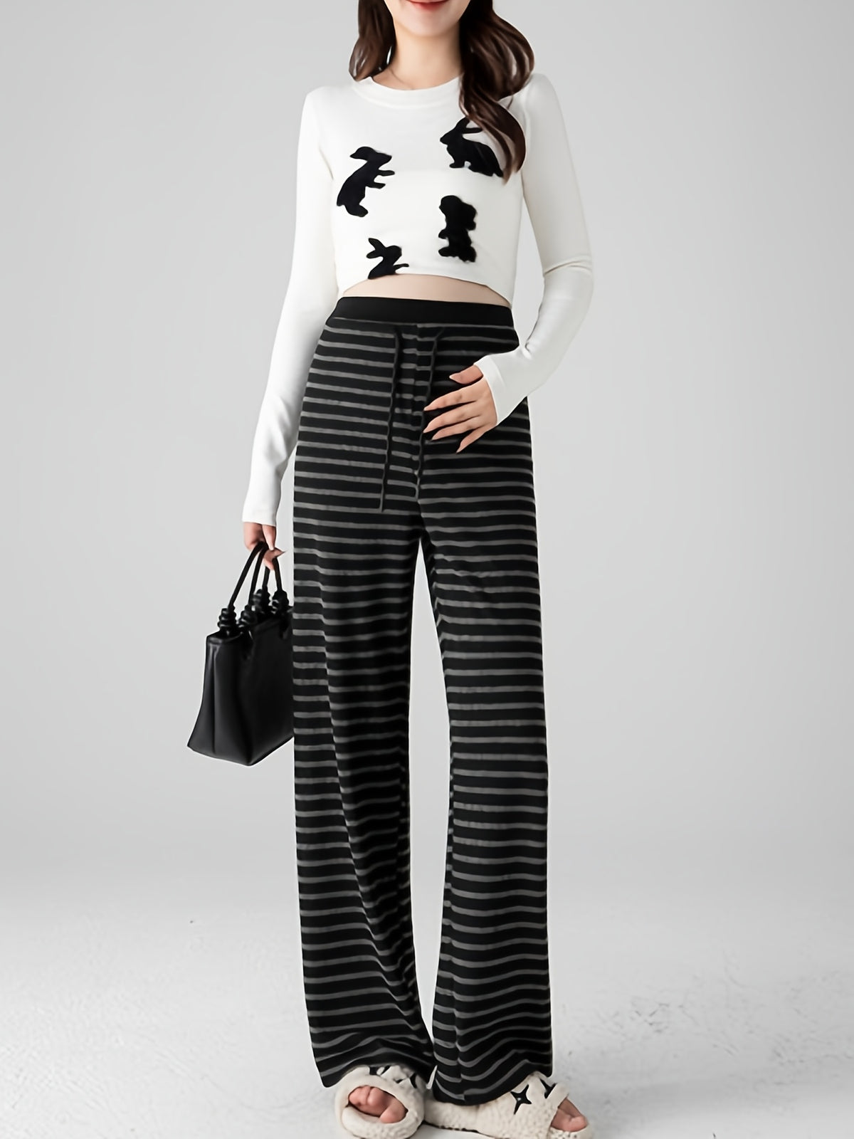 Pantalon grande taille à rayures, coupe ample, jambe large