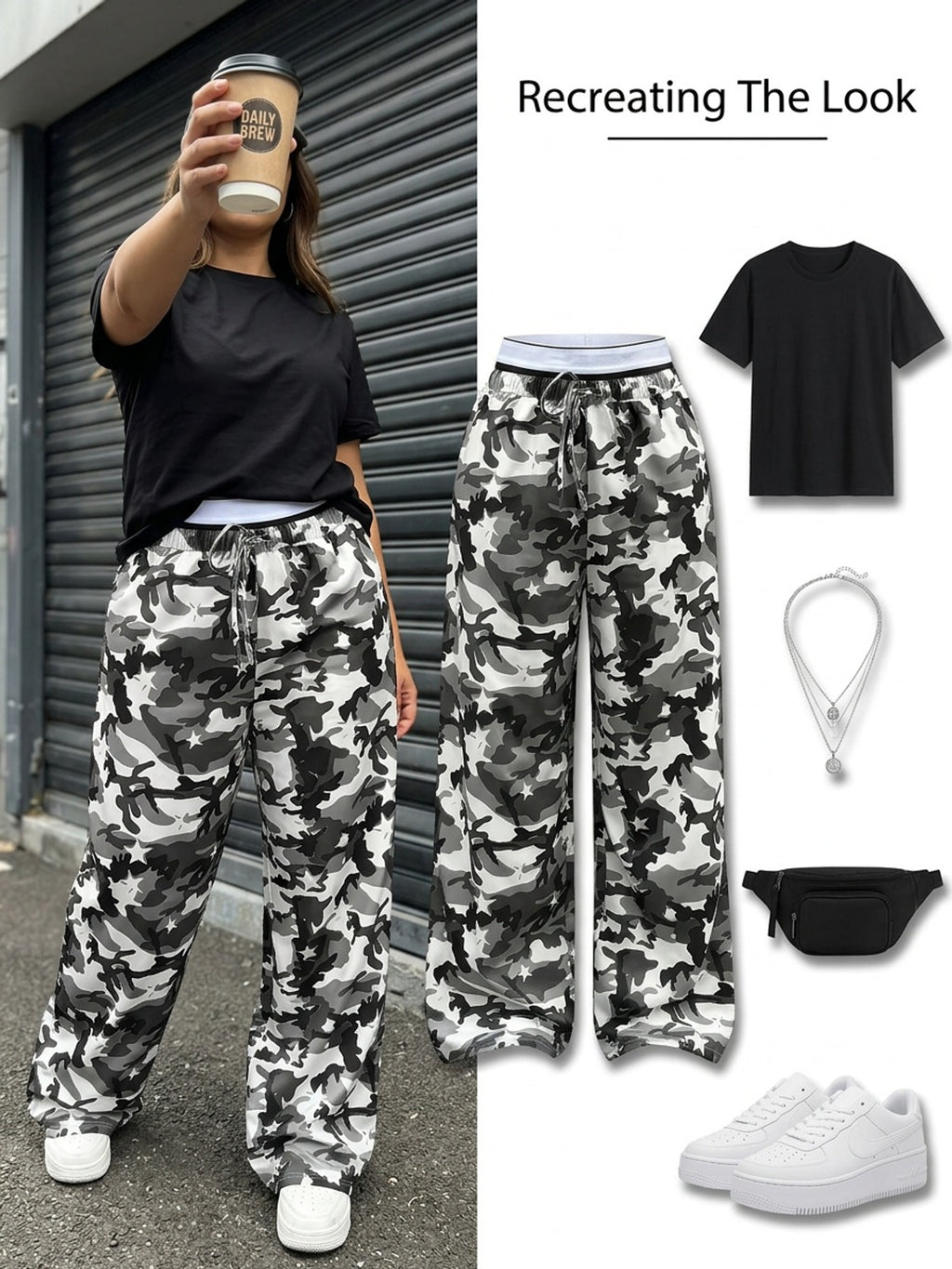 Pantalon large grande taille — Camo blanc, ceinture bord-côte