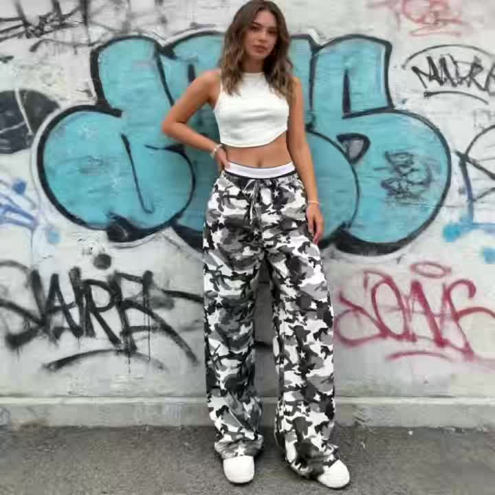 Pantalon large grande taille — Camo blanc, ceinture bord-côte