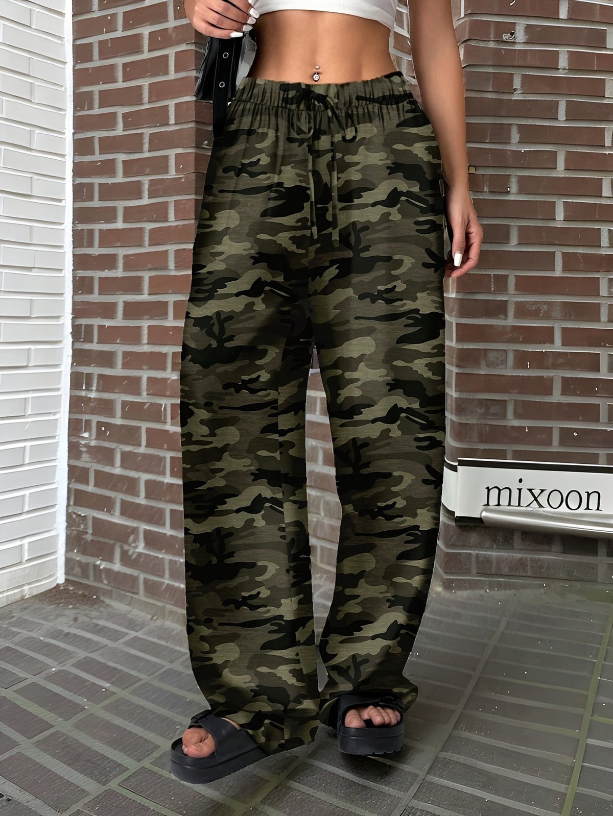 Pantalon large grande taille — Kaki militaire et cordon noué