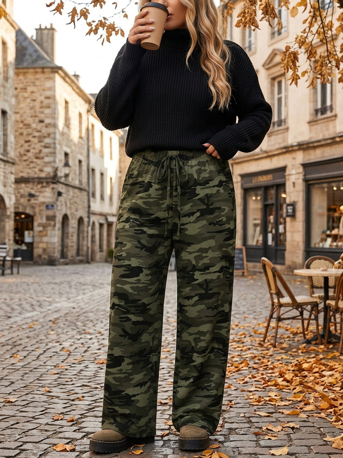 Pantalon large grande taille — Kaki militaire et cordon noué
