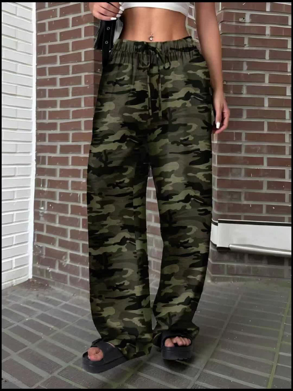 Pantalon large grande taille — Kaki militaire et cordon noué