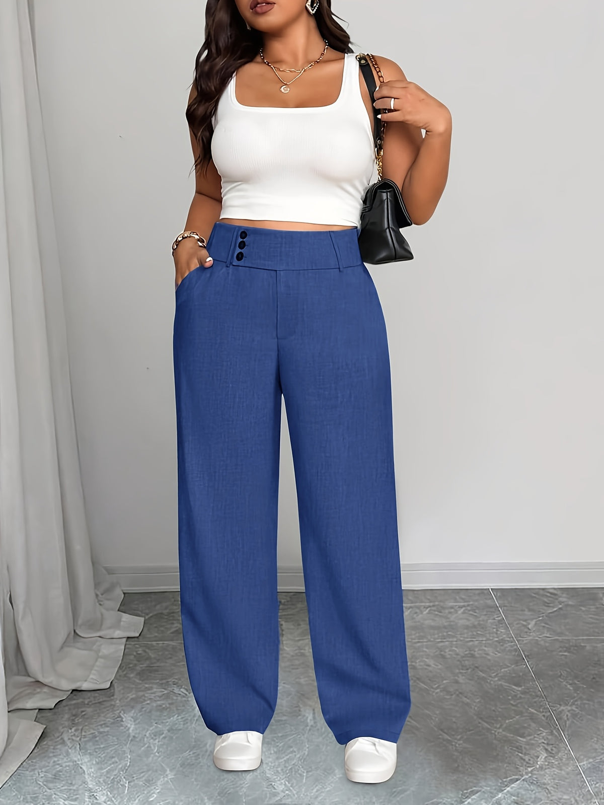 Pantalon large grande taille, franc, dos élastiqué