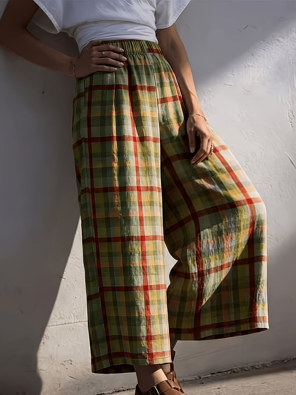 Pantalon large grande taille — Carreaux vert et rouille