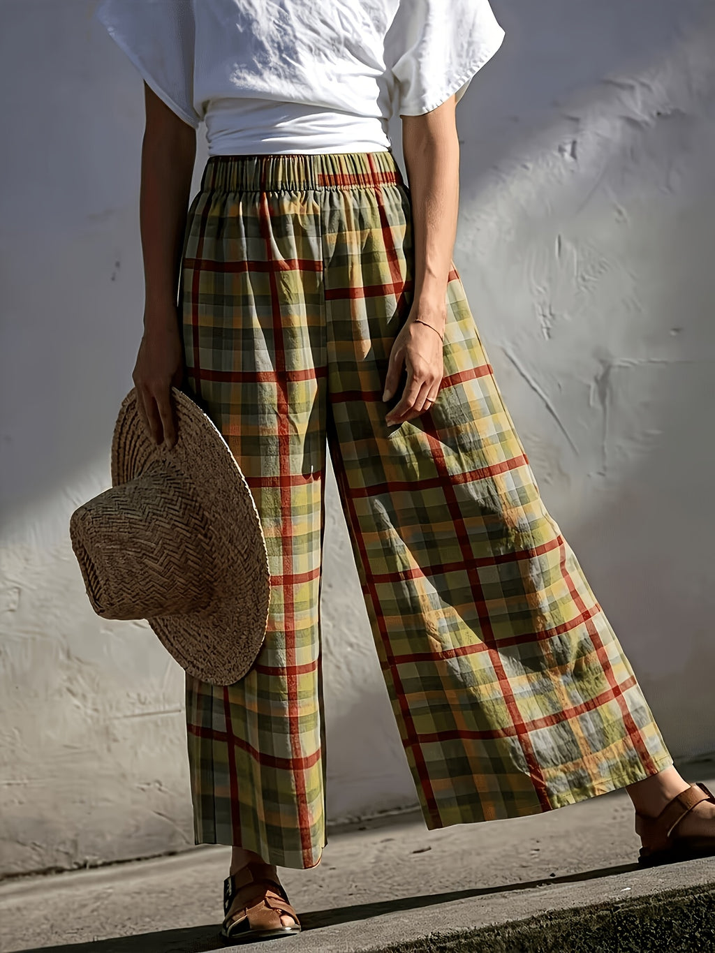 Pantalon large grande taille — Carreaux vert et rouille