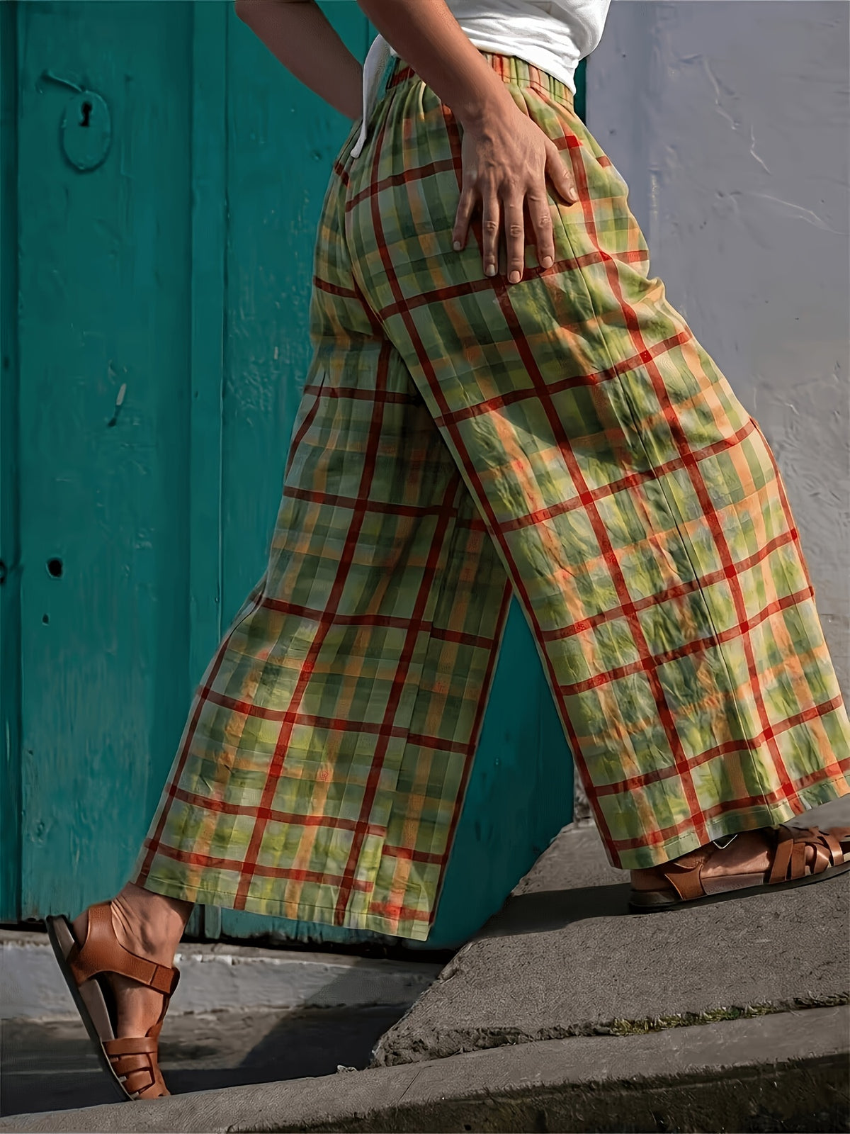 Pantalon large grande taille — Carreaux vert et rouille