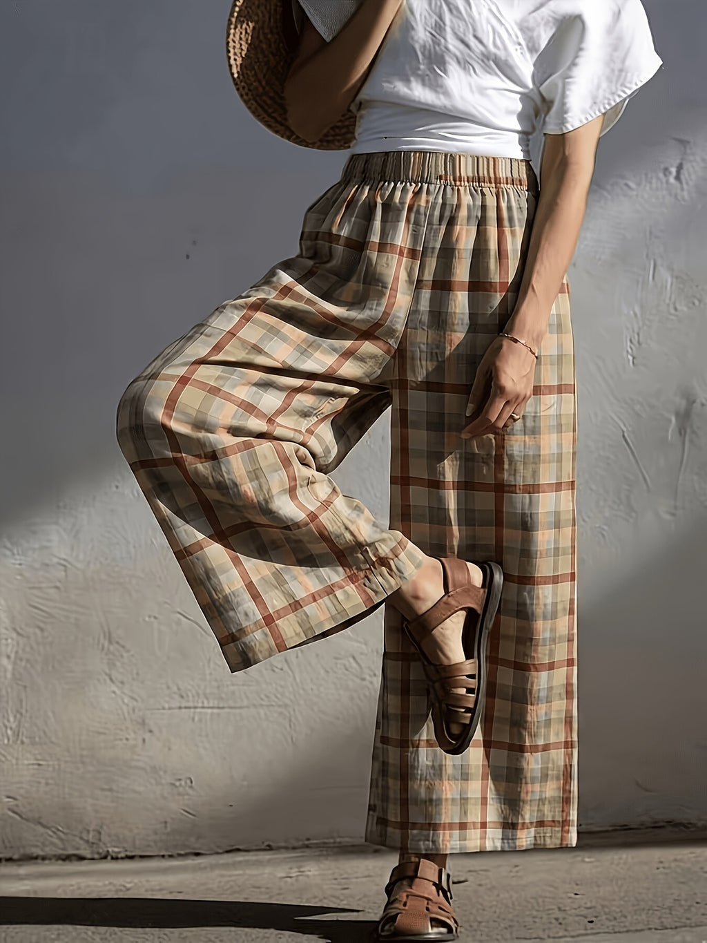 Pantalon large grande taille — Carreaux vert et rouille