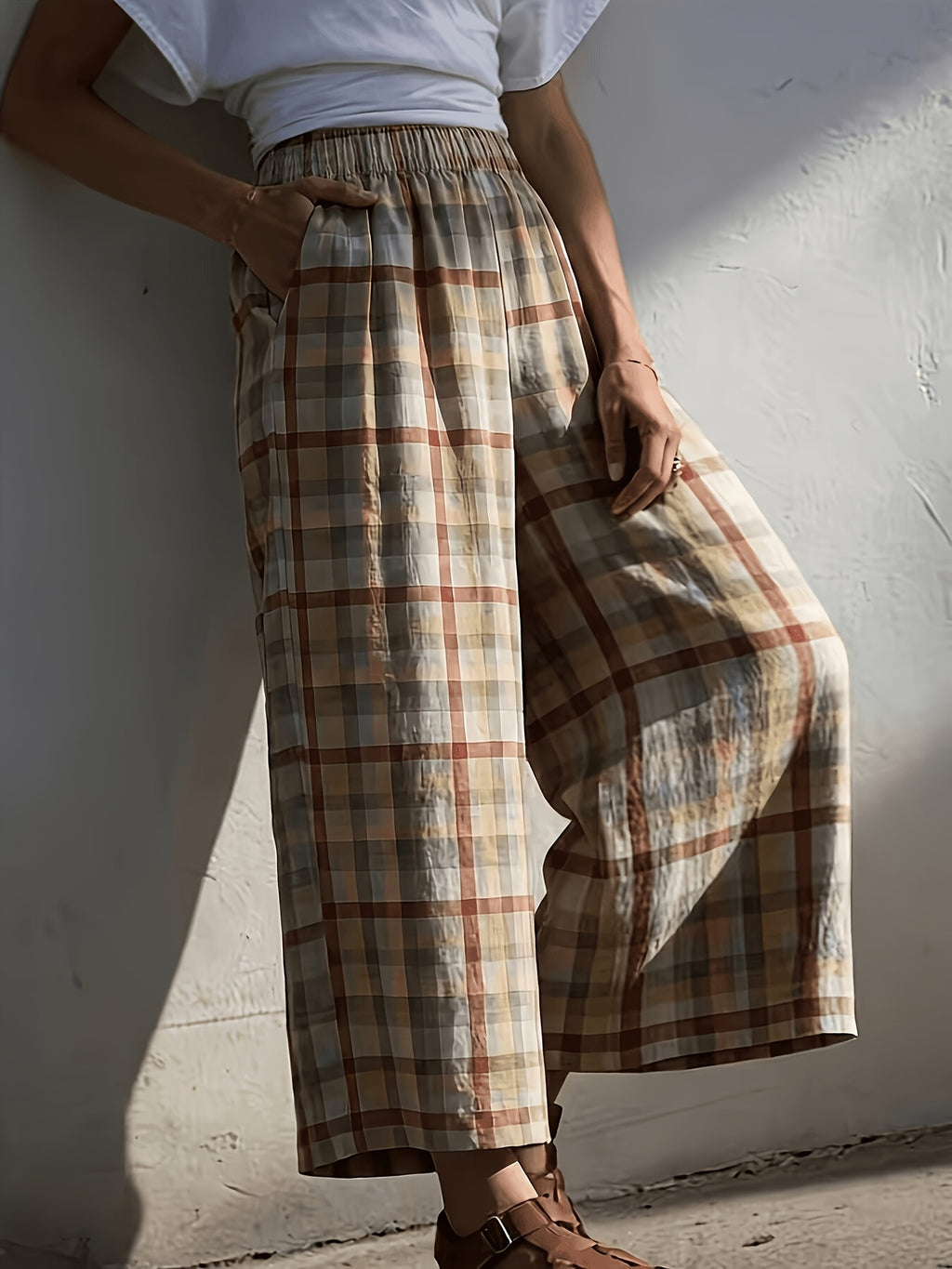 Pantalon large grande taille — Carreaux vert et rouille