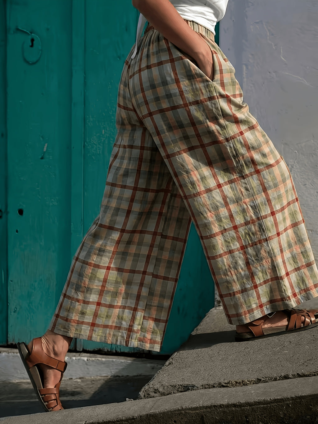 Pantalon large grande taille — Carreaux vert et rouille