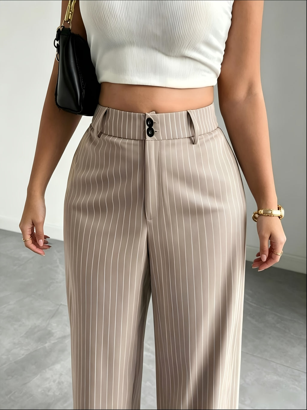 Pantalon large grande taille — Beige grège à fines rayures