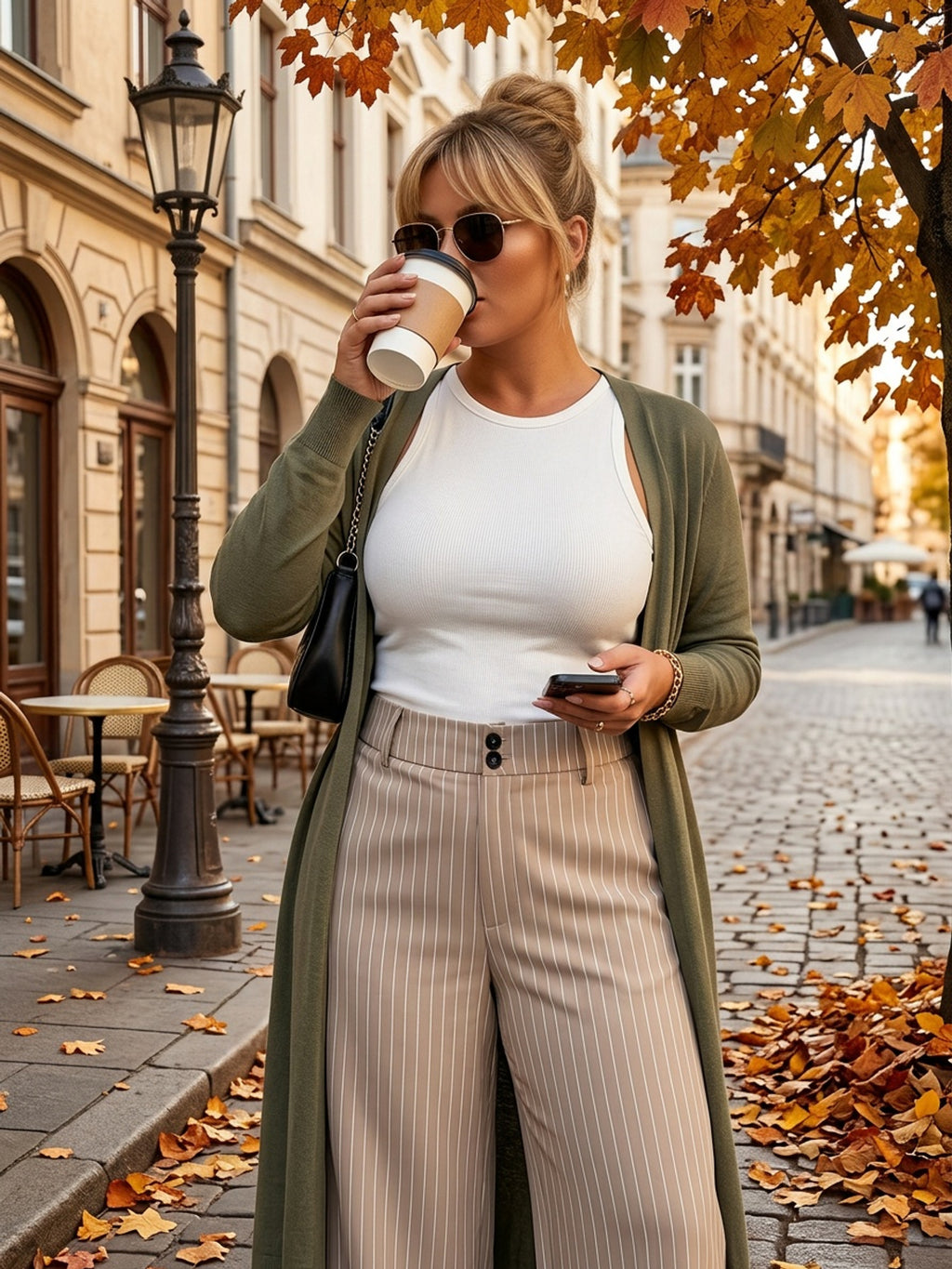 Pantalon large grande taille — Beige grège à fines rayures