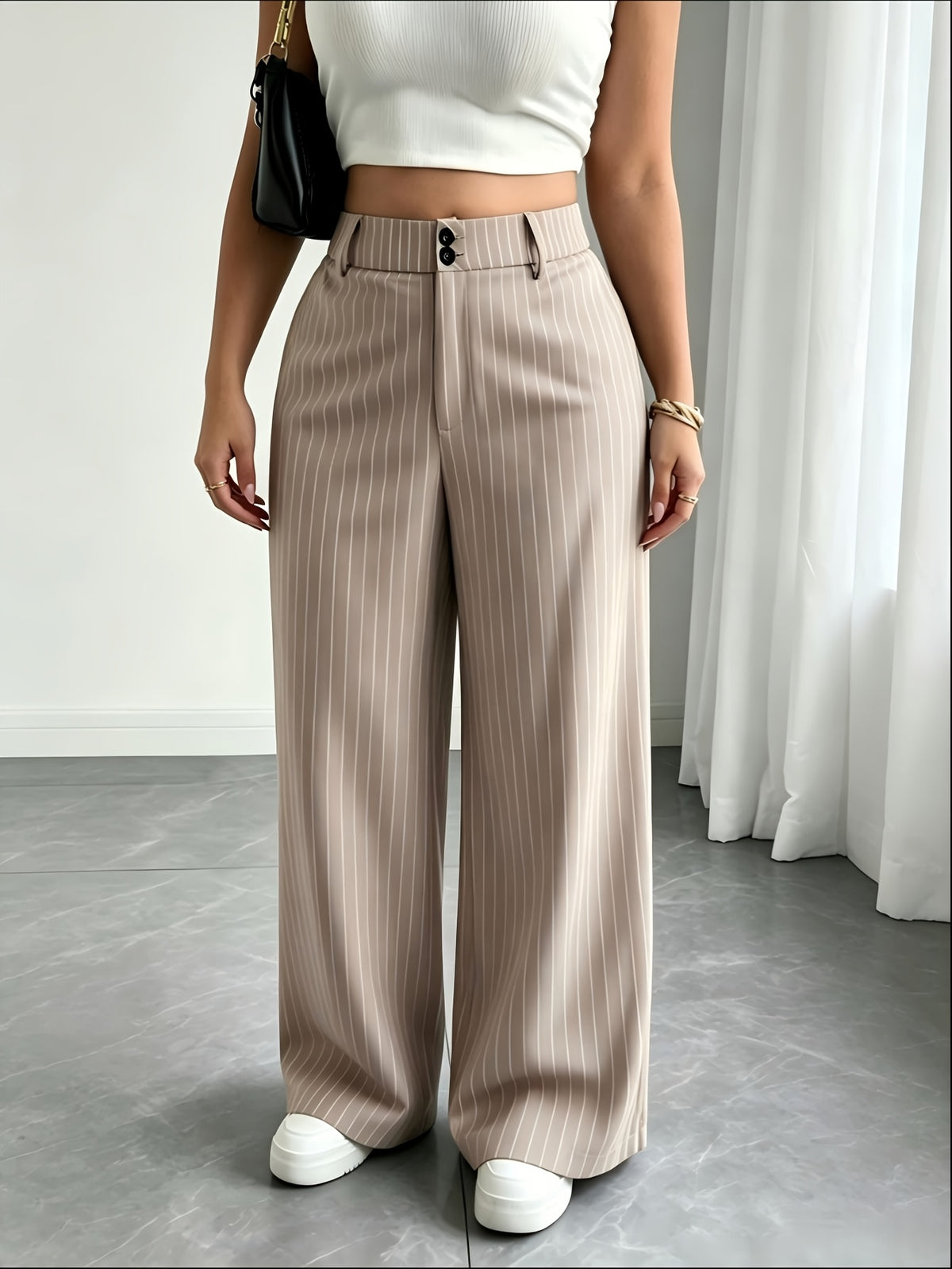 Pantalon large grande taille — Beige grège à fines rayures