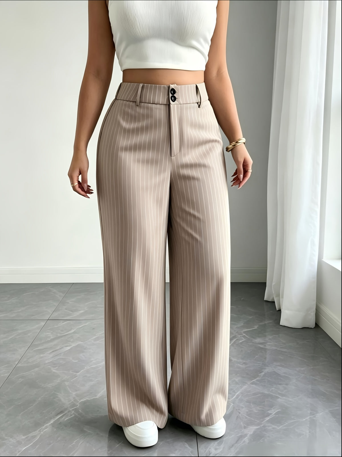 Pantalon large grande taille — Beige grège à fines rayures