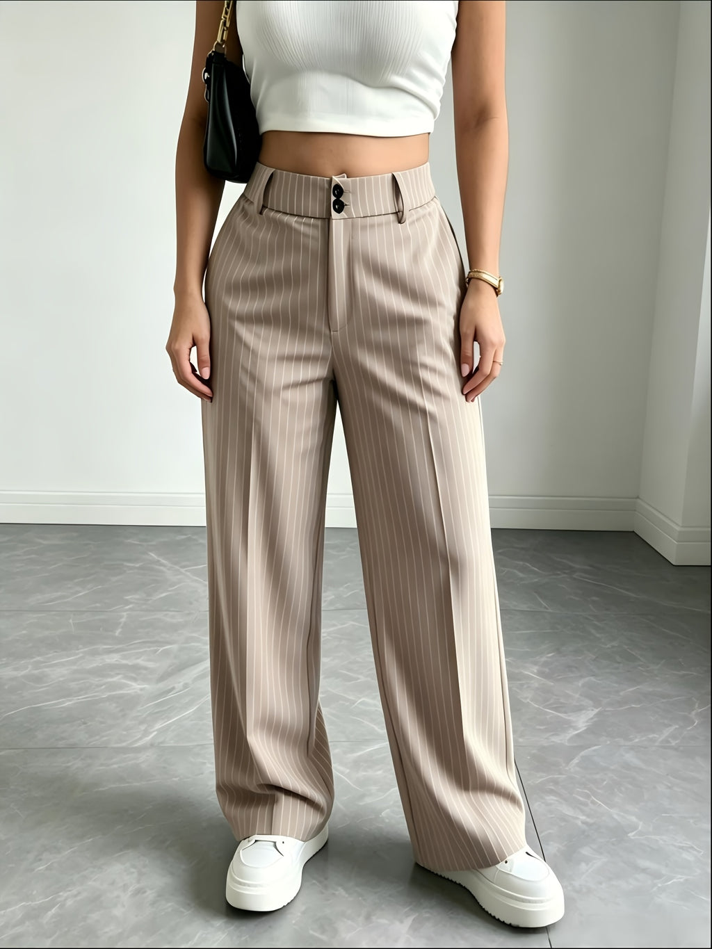 Pantalon large grande taille — Beige grège à fines rayures