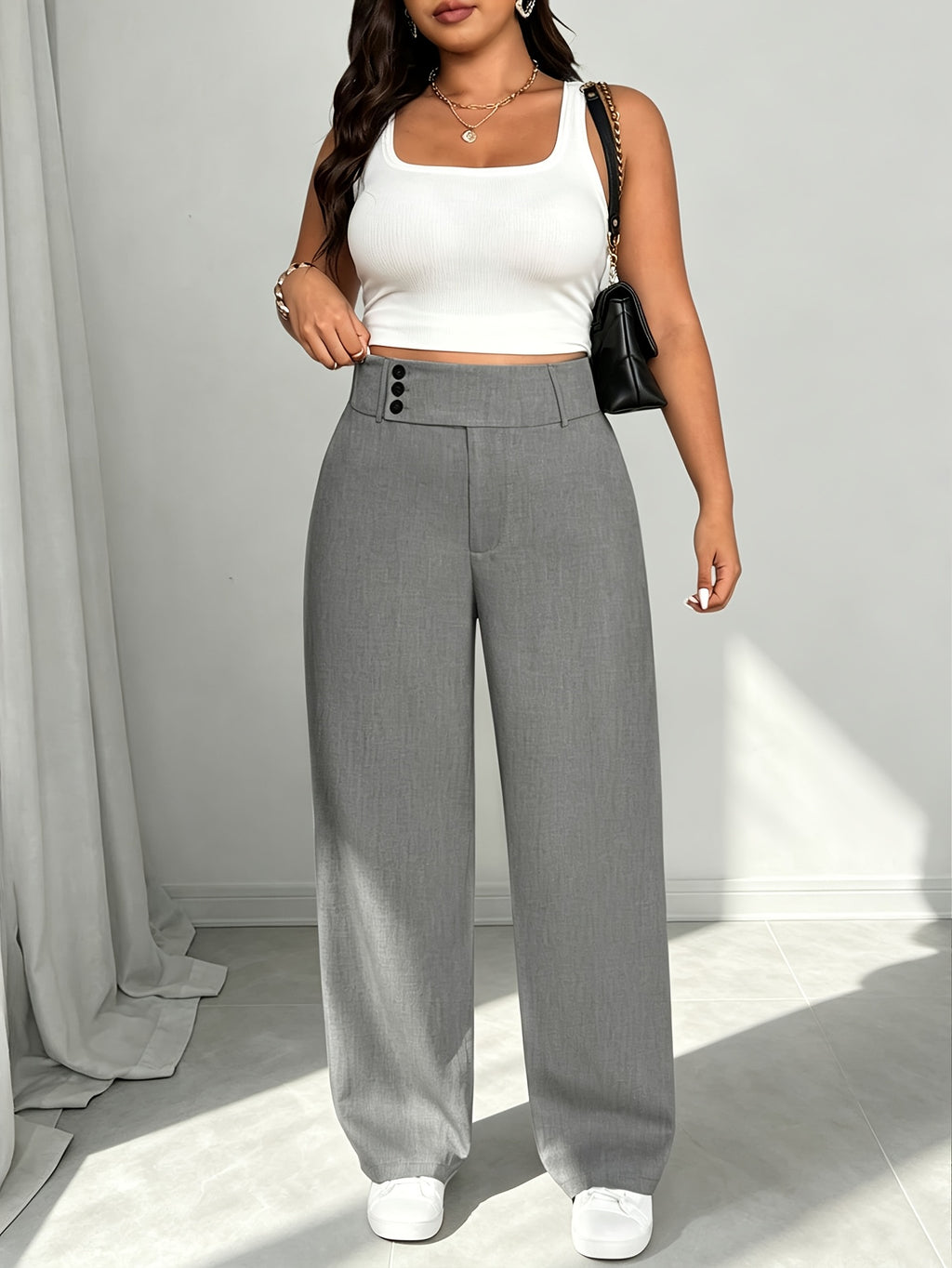 Pantalon large grande taille — Trois coloris à ceinture boutonnée