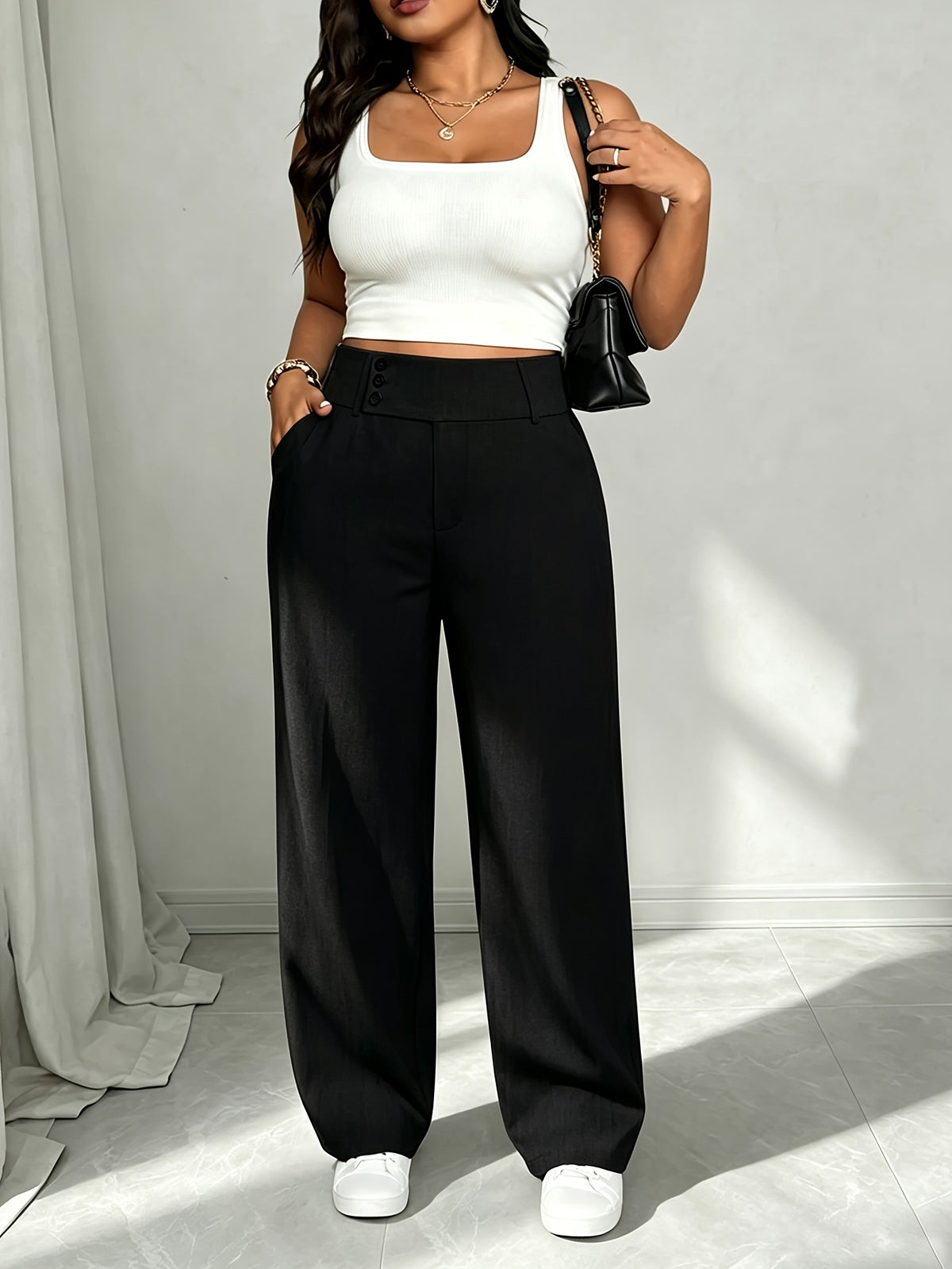 Pantalon large grande taille — Trois coloris à ceinture boutonnée