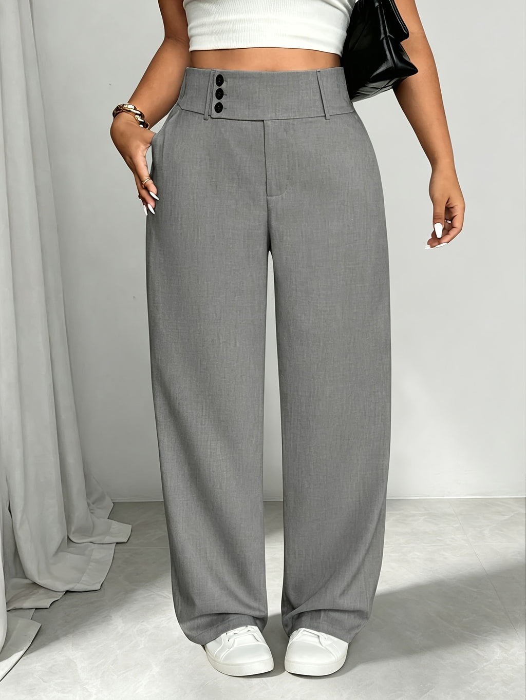 Pantalon large grande taille — Trois coloris à ceinture boutonnée