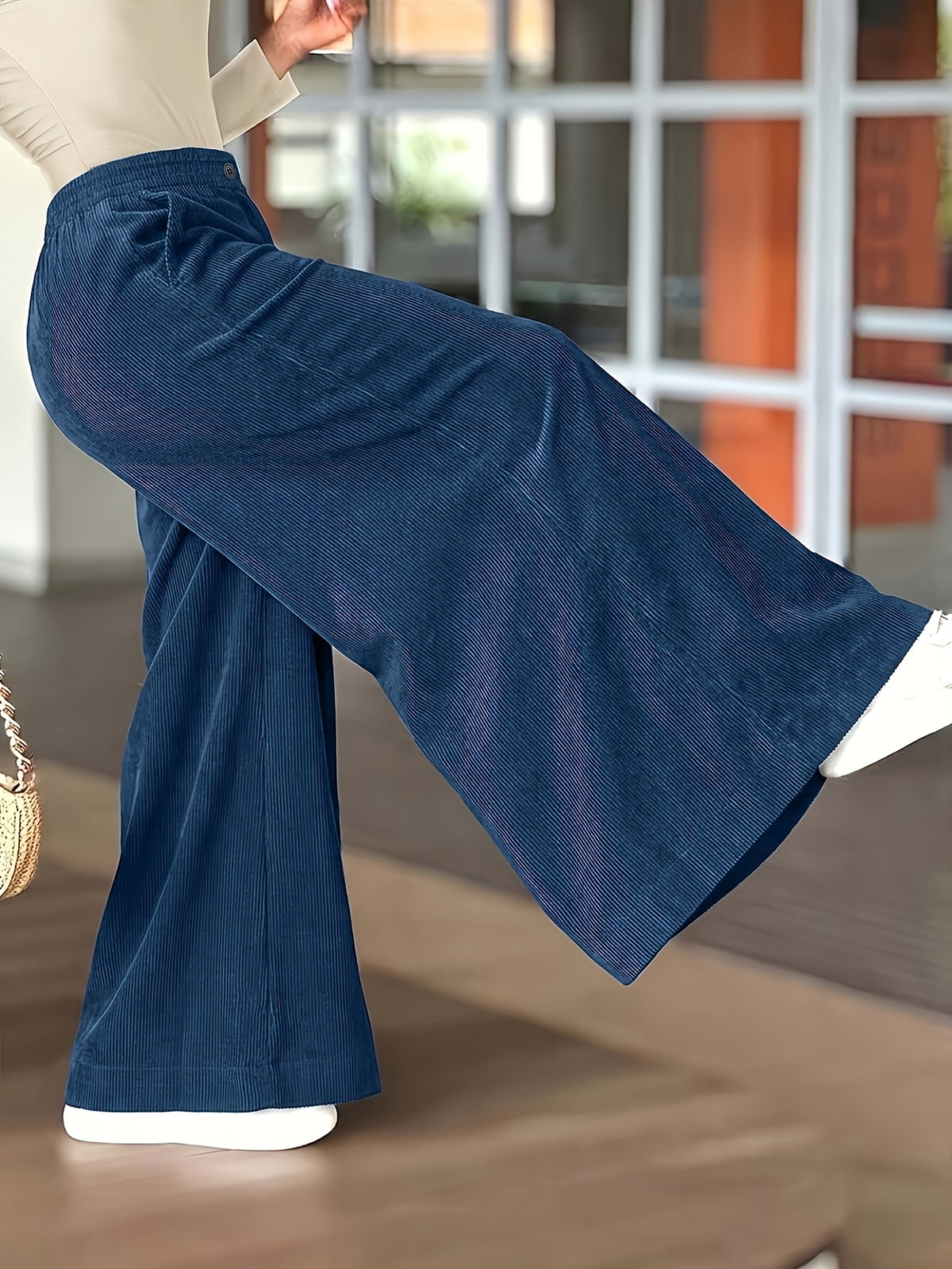 Pantalon large grande taille — Velours côtelé bleu marine
