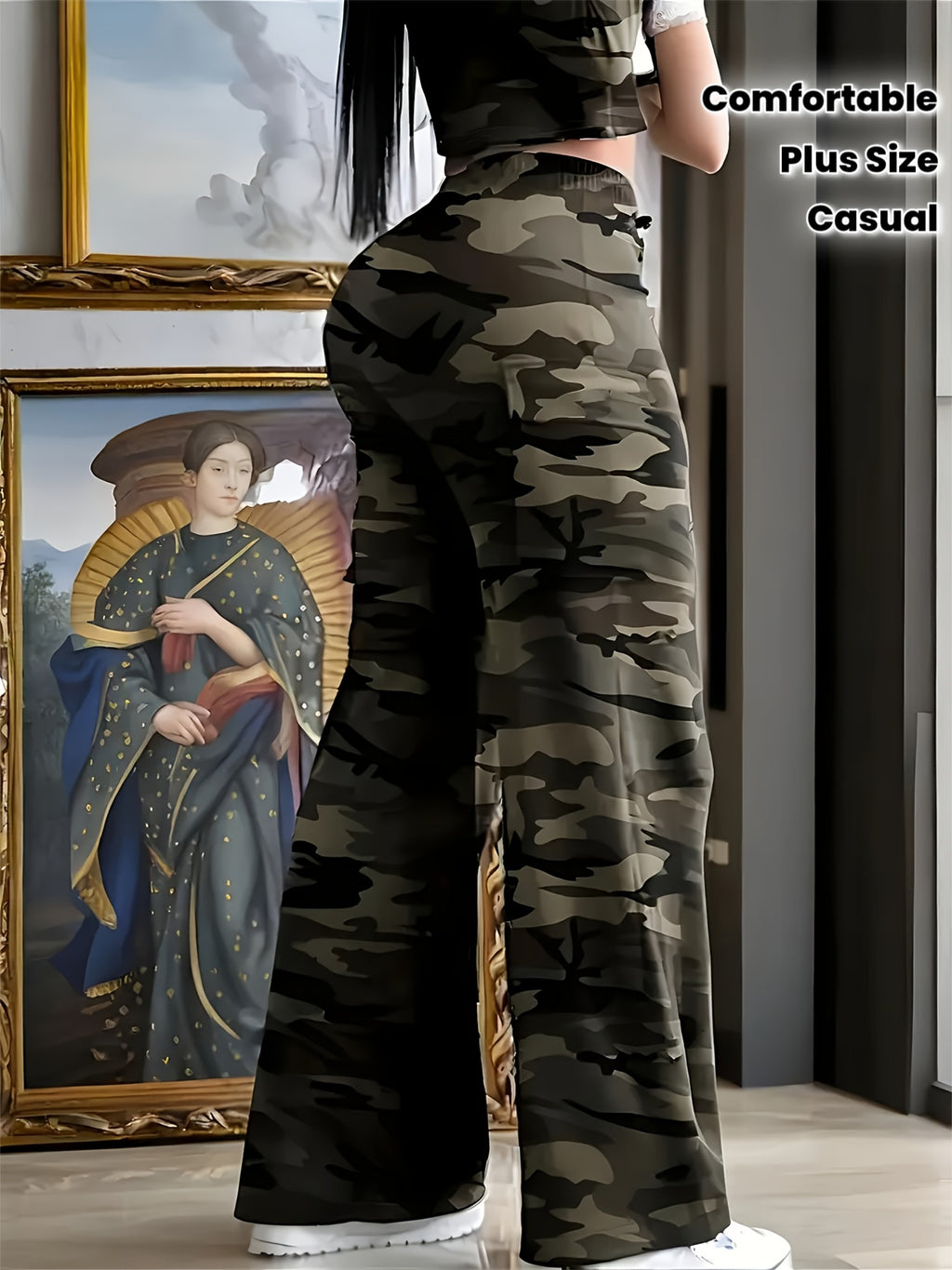 Pantalon large grande taille — Camouflage en maille souple