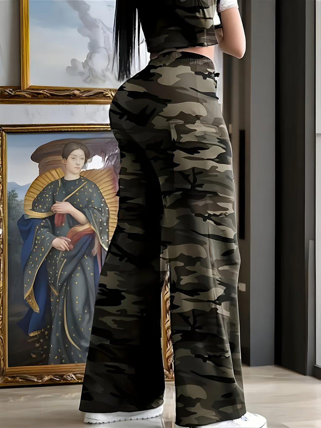 Pantalon large grande taille — Camouflage en maille souple