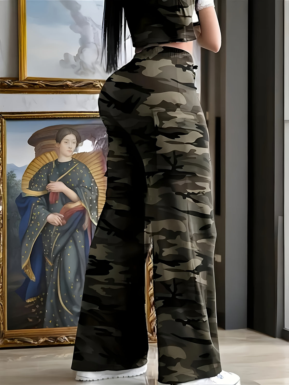 Pantalon large grande taille — Camouflage en maille souple