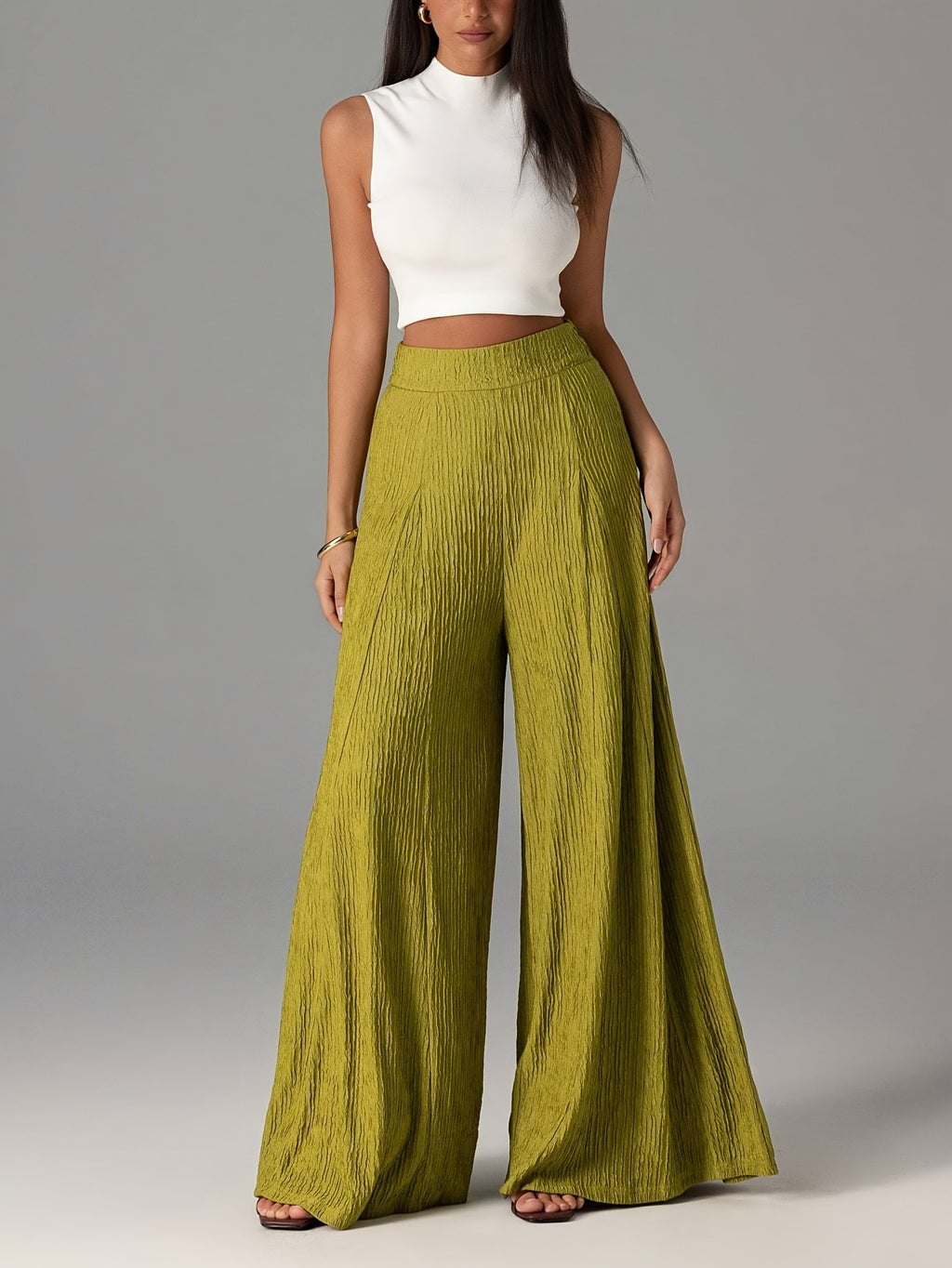 Pantalon en maille gaufrée grande taille — Jambe en corolle