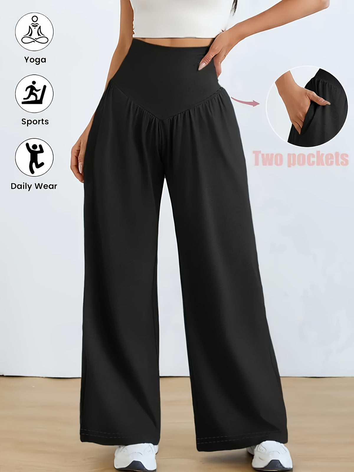 Pantalon large grande taille — Maille noire et fronces hautes