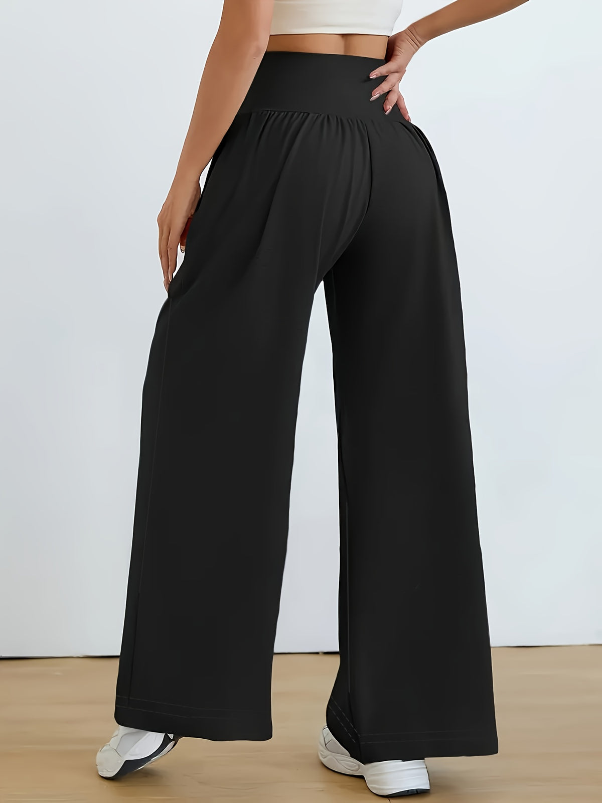 Pantalon large grande taille — Maille noire et fronces hautes
