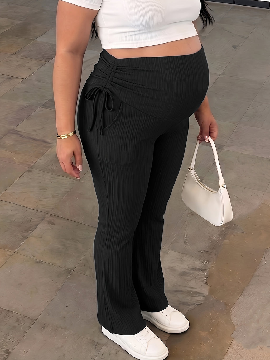 Pantalon de maternité grande taille — Maille côtelée noire