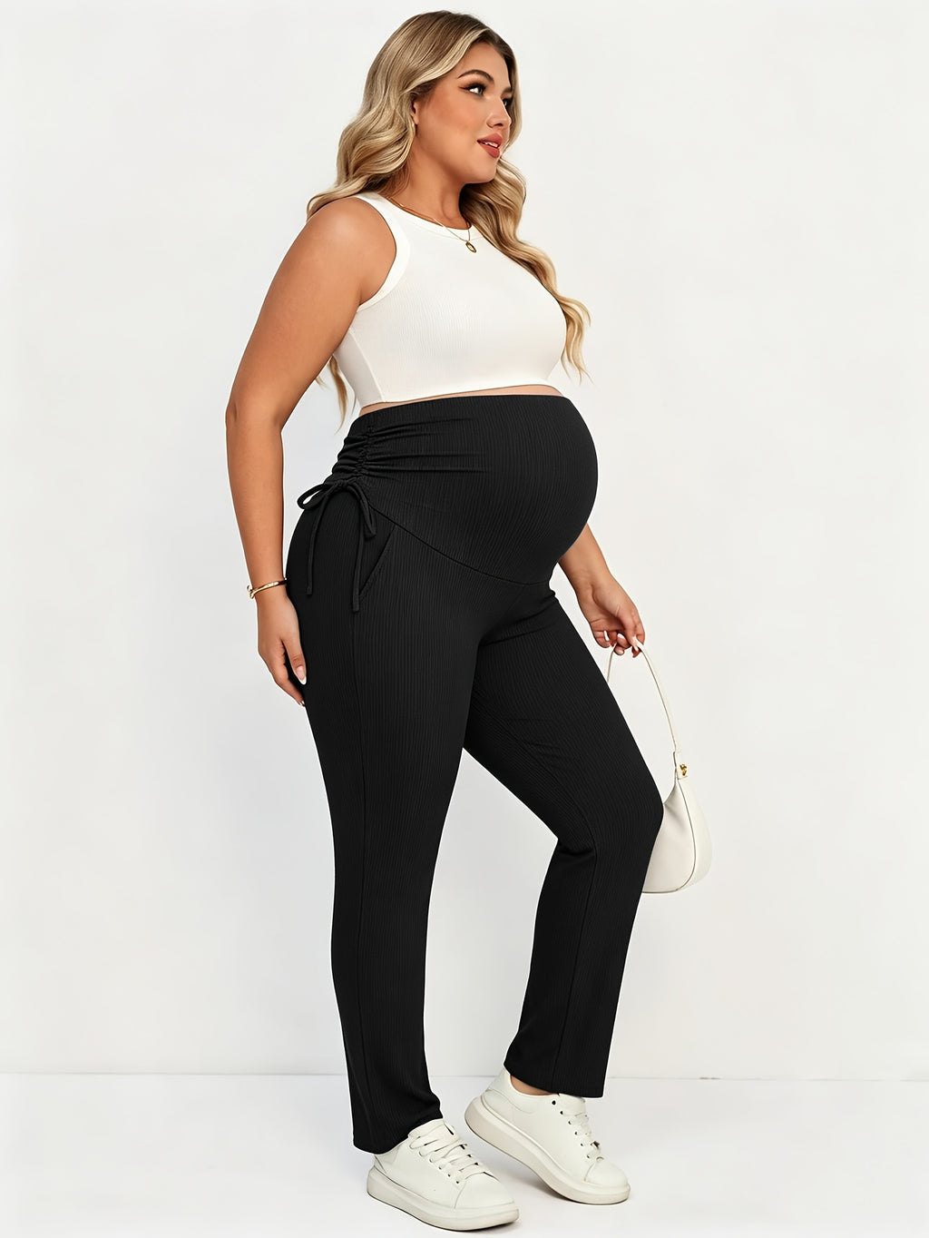 Pantalon de maternité grande taille — Maille côtelée noire