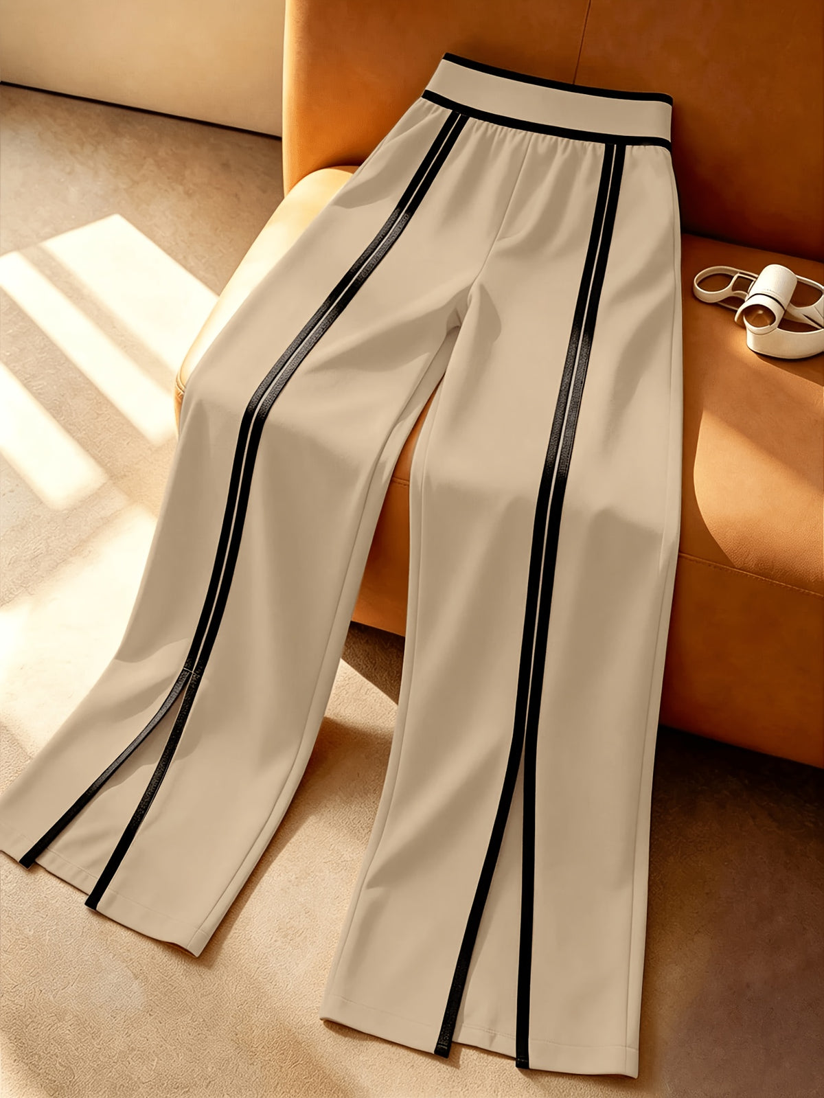 Pantalon noir grande taille — Double filet blanc et fente