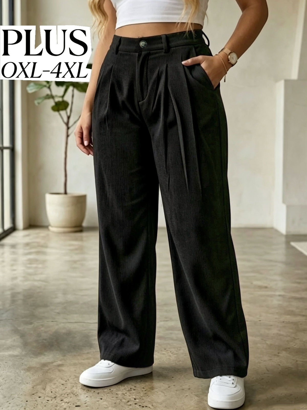 Pantalon noir grande taille — Fines côtes et dos élastiqué