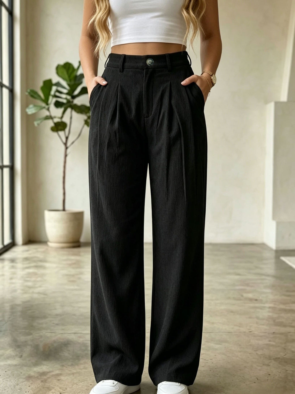 Pantalon noir grande taille — Fines côtes et dos élastiqué