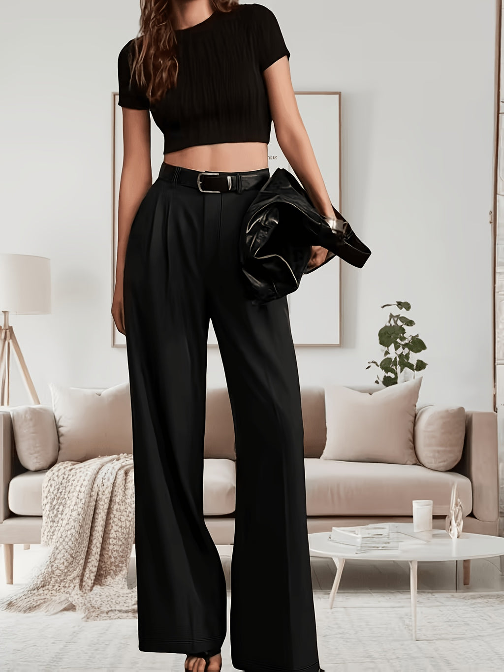 Pantalon noir grande taille — Jambe palazzo à pli marqué