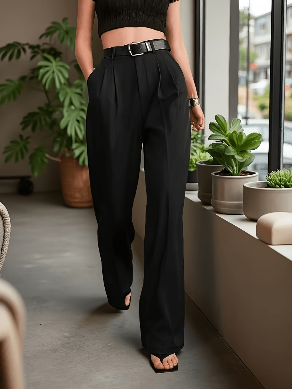 Pantalon noir grande taille — Jambe palazzo à pli marqué